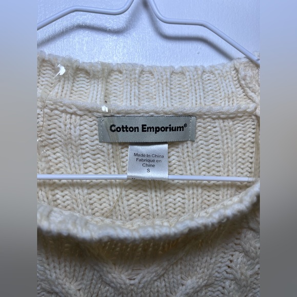 Cotton Emporium Womens Pullover Sweater Ivory Cable Knit Ribbed Hem Crew - Picture 2 of 4
